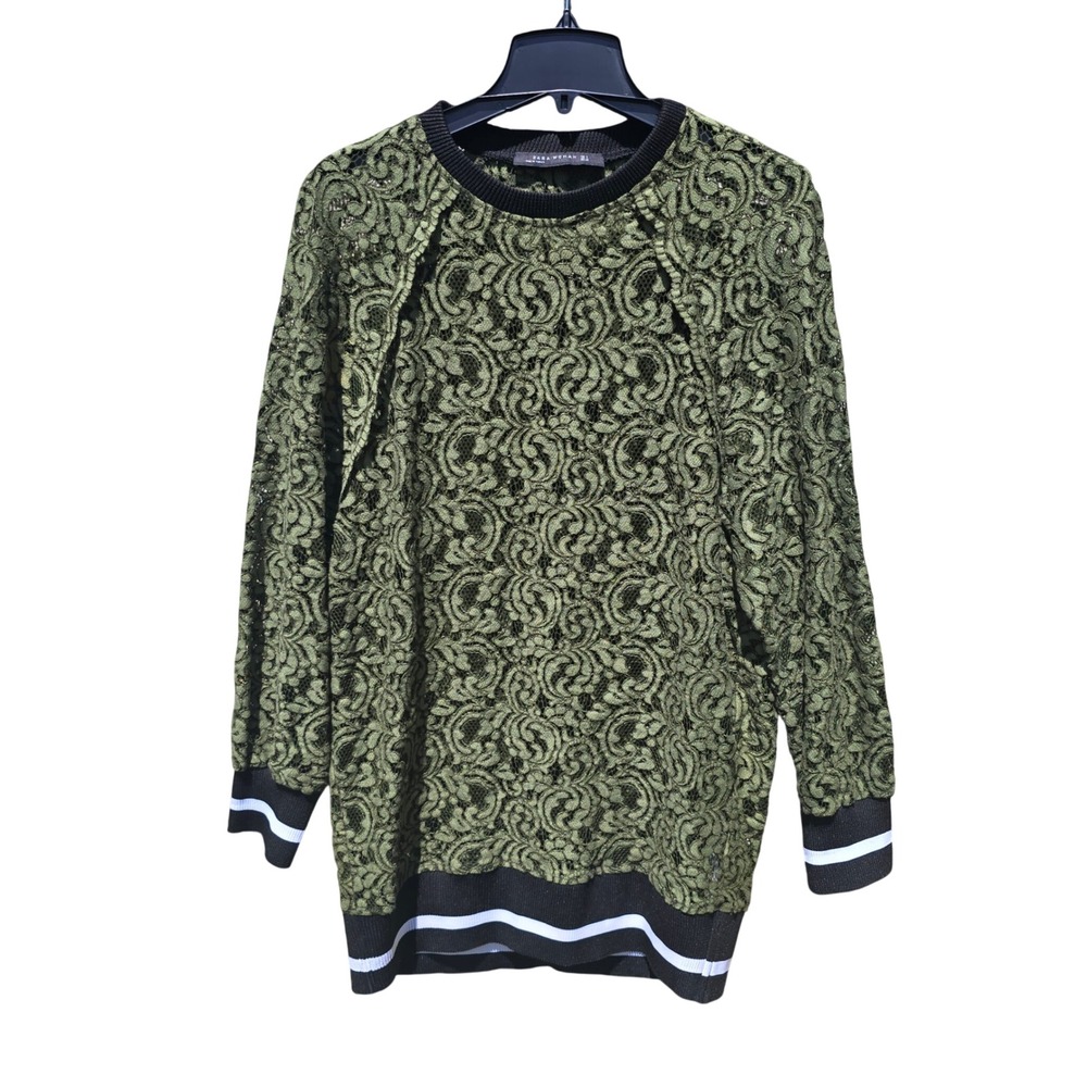 Zara 58R Woman Olive Green Floral Lace Sweatshirt Tunic Raglan Sleeve Small